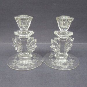 Fostoria Glass Crystal MEADOW ROSE One Lite Number 2496 Fancy Candle Sticks, Pr